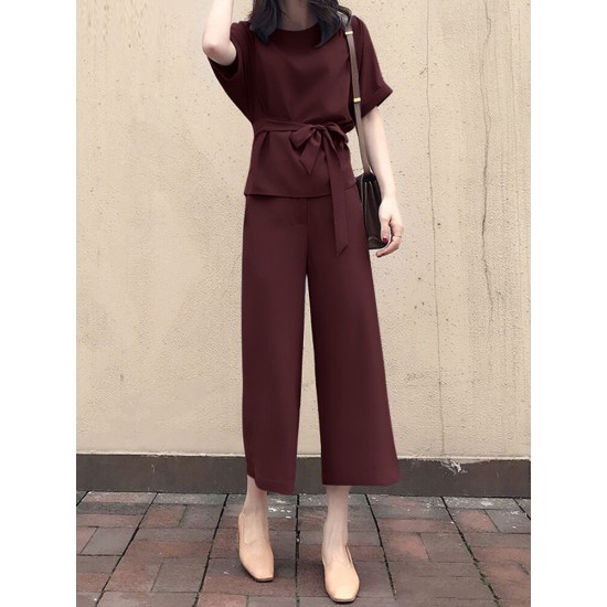 Solid Belt Pocket Rolled Sleeve Wide Leg Two Pieces Suit Solid Belt Pocket Rolled Sleeve Wide Leg Two Pieces Suit