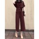 Solid Belt Pocket Rolled Sleeve Wide Leg Two Pieces Suit Solid Belt Pocket Rolled Sleeve Wide Leg Two Pieces Suit