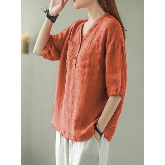 Solid Button Pocket V Neck Half Sleeve Casual Cotton Blouse Solid Button Pocket V Neck Half Sleeve Casual Cotton Blouse