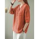 Solid Button Pocket V Neck Half Sleeve Casual Cotton Blouse Solid Button Pocket V Neck Half Sleeve Casual Cotton Blouse