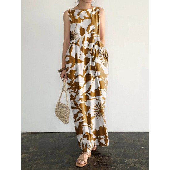 Plant Print Pocket Round Neck Sleeveless Print Dress Plant Print Pocket Round Neck Sleeveless Print Dress