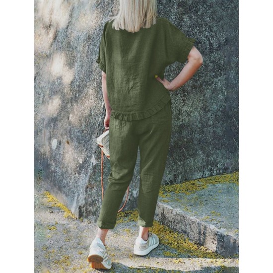 Solid Ruffle Pocket Half Sleeve Round Neck Suit Solid Ruffle Pocket Half Sleeve Round Neck Suit