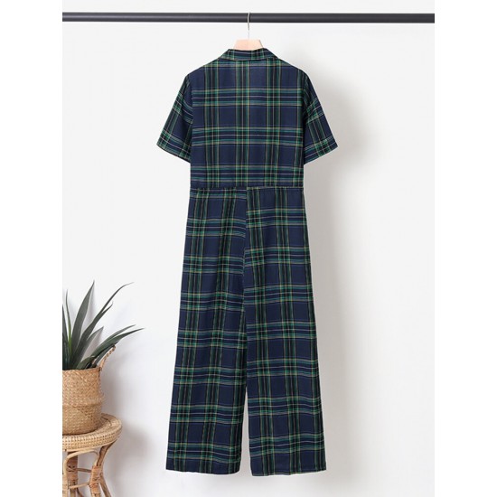 Plaid Print Button Pocket Short Sleeve Wide Leg Jumpsuit Plaid Print Button Pocket Short Sleeve Wide Leg Jumpsuit
