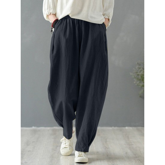 Solid Cotton Pocket Elastic Waist Casual Loose Pants Solid Cotton Pocket Elastic Waist Casual Loose Pants