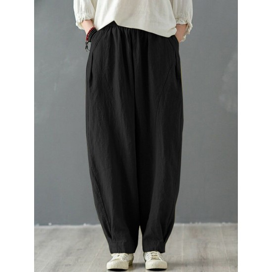 Solid Cotton Pocket Elastic Waist Casual Loose Pants Solid Cotton Pocket Elastic Waist Casual Loose Pants