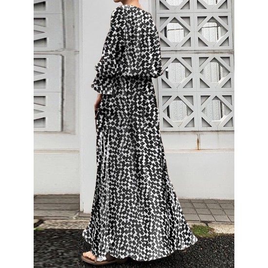 Geo Print Long Sleeve Slit Side Crew Neck Maxi Dress Geo Print Long Sleeve Slit Side Crew Neck Maxi Dress