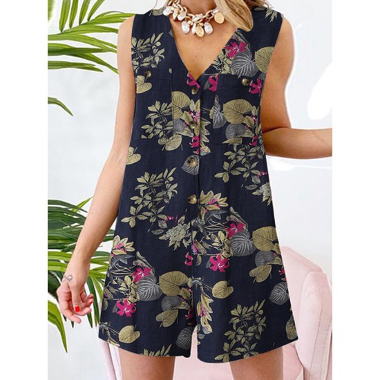 Sleeveless Button Print Flower Pocket Regular Fit Jumpsuit Sleeveless Button Print Flower Pocket Regular Fit Jumpsuit