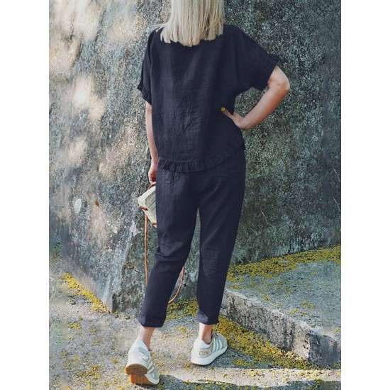 Solid Ruffle Pocket Half Sleeve Round Neck Suit Solid Ruffle Pocket Half Sleeve Round Neck Suit