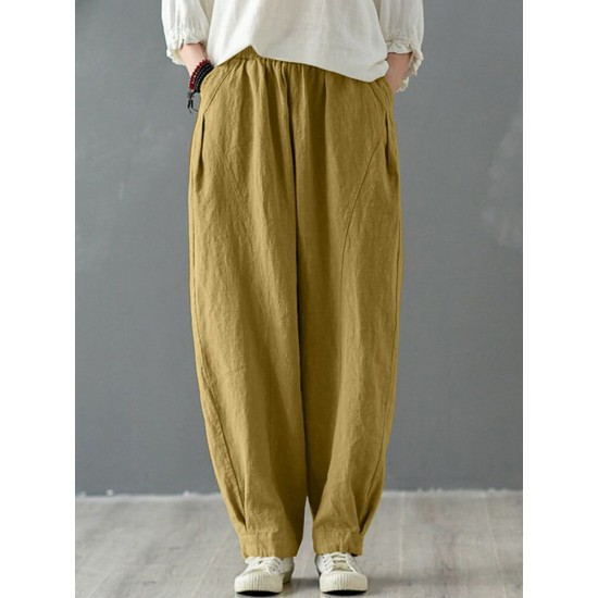 Solid Cotton Pocket Elastic Waist Casual Loose Pants Solid Cotton Pocket Elastic Waist Casual Loose Pants