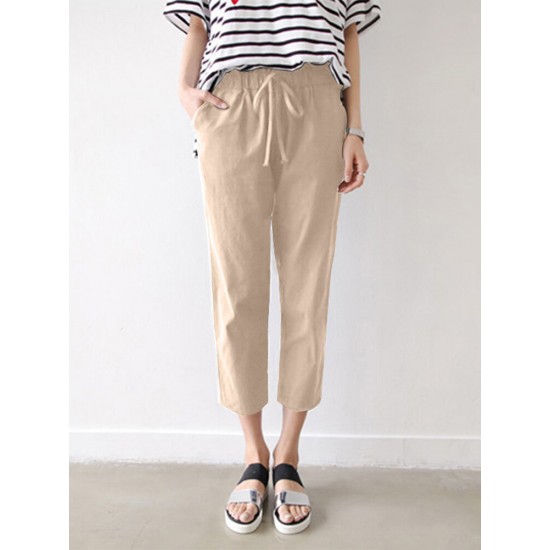 Leisure Solid Drawstring Pocket Cotton Casual Pants Leisure Solid Drawstring Pocket Cotton Casual Pants