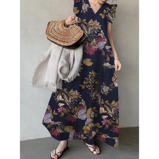 Plant Print Sleeveless Ruffle V Neck Cotton Maxi Dress Plant Print Sleeveless Ruffle V Neck Cotton Maxi Dress