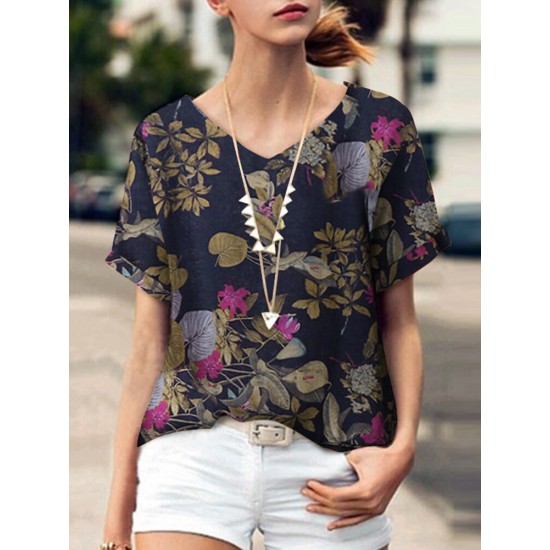 Plant Print V Neck Short Sleeve Casual Blouse Plant Print V Neck Short Sleeve Casual Blouse
