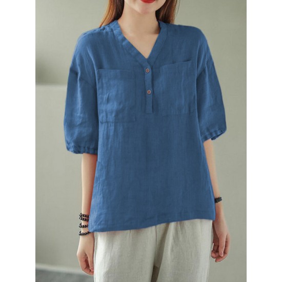 Solid Button Pocket V Neck Half Sleeve Casual Cotton Blouse Solid Button Pocket V Neck Half Sleeve Casual Cotton Blouse