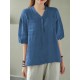 Solid Button Pocket V Neck Half Sleeve Casual Cotton Blouse Solid Button Pocket V Neck Half Sleeve Casual Cotton Blouse