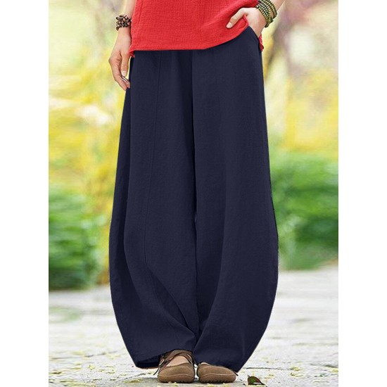 Solid Pocket Elastic Waist Cotton Casual Pants Solid Pocket Elastic Waist Cotton Casual Pants