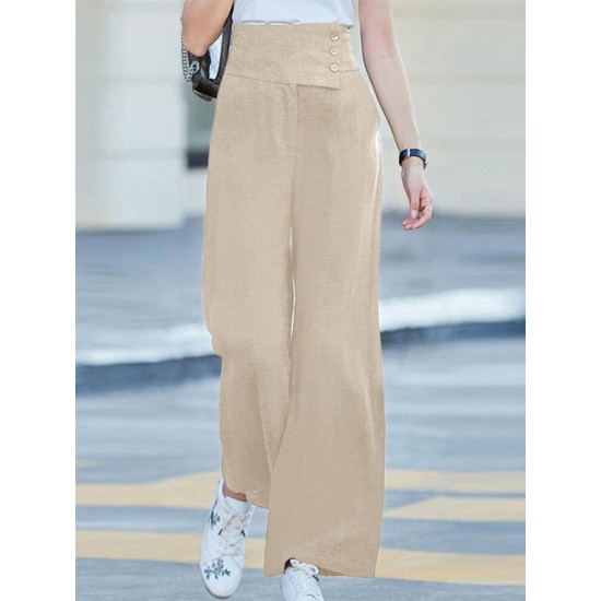 Solid Pocket Button Wide Leg High Waist Casual Pants Solid Pocket Button Wide Leg High Waist Casual Pants