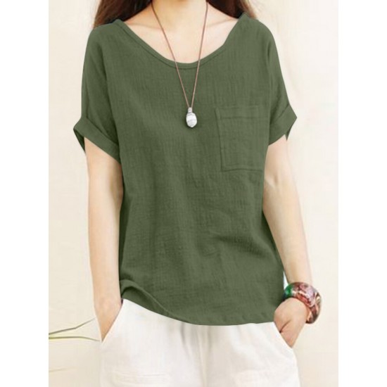 Solid Pocket Roll Short Sleeve Round Neck Casual Blouse Solid Pocket Roll Short Sleeve Round Neck Casual Blouse