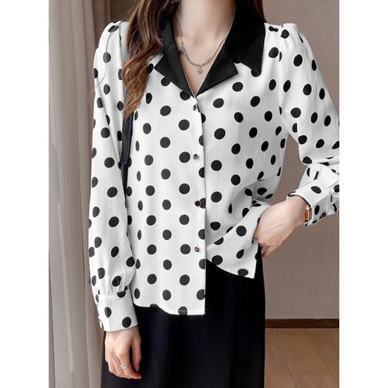 Polka Dot Contrast Color Lapel Button Long Sleeve Casual Shirt Polka Dot Contrast Color Lapel Button Long Sleeve Casual Shirt