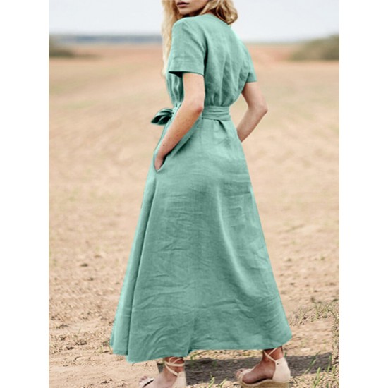 Solid Pocket Sash Short Sleeve Cotton Casual Maxi Dress Solid Pocket Sash Short Sleeve Cotton Casual Maxi Dress