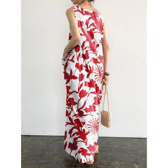 Plant Print Pocket Round Neck Sleeveless Print Dress Plant Print Pocket Round Neck Sleeveless Print Dress