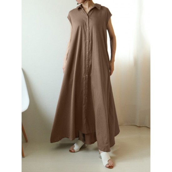 Solid Button Lapel Ruched Short Sleeve Maxi Shirt Dress Solid Button Lapel Ruched Short Sleeve Maxi Shirt Dress