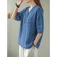 Solid Button Pocket V Neck Half Sleeve Casual Cotton Blouse Solid Button Pocket V Neck Half Sleeve Casual Cotton Blouse