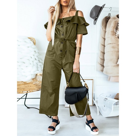Solid Color Button Pocket Drawstring Off shoulder Ruffle Casual Jumpsuit Solid Color Button Pocket Drawstring Off shoulder Ruffle Casual Jumpsuit