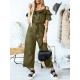 Solid Color Button Pocket Drawstring Off shoulder Ruffle Casual Jumpsuit Solid Color Button Pocket Drawstring Off shoulder Ruffle Casual Jumpsuit