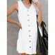 Cotton Solid Button Ruffle Sleeveless V Neck Casual Dress Cotton Solid Button Ruffle Sleeveless V Neck Casual Dress