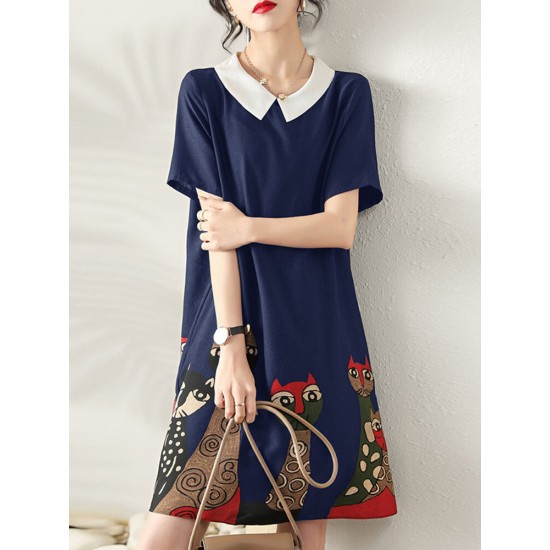 Cartoon Cat Print Contrast Peter Pan Collar Short Sleeve Dress Cartoon Cat Print Contrast Peter Pan Collar Short Sleeve Dress