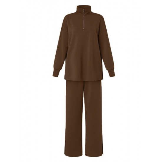 Women Turtleneck Solid Color Ankle Length Zipper Elastic Waist Two Piece Sets Women Turtleneck Solid Color Ankle Length Zipper Elastic Waist Two Piece Sets