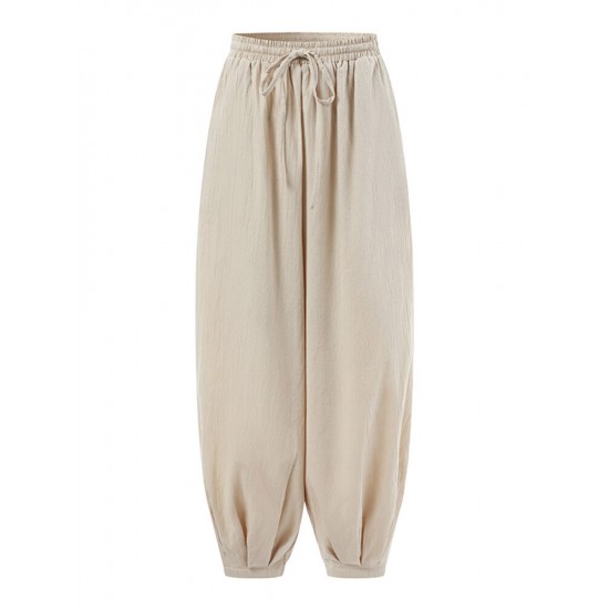 Solid Elastic Waist Drawstring Pocket Cotton Casual Pants Solid Elastic Waist Drawstring Pocket Cotton Casual Pants
