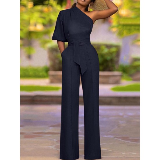 High Waist Solid Pocket Asymmetrical One Shoulder Jumpsuit High Waist Solid Pocket Asymmetrical One Shoulder Jumpsuit