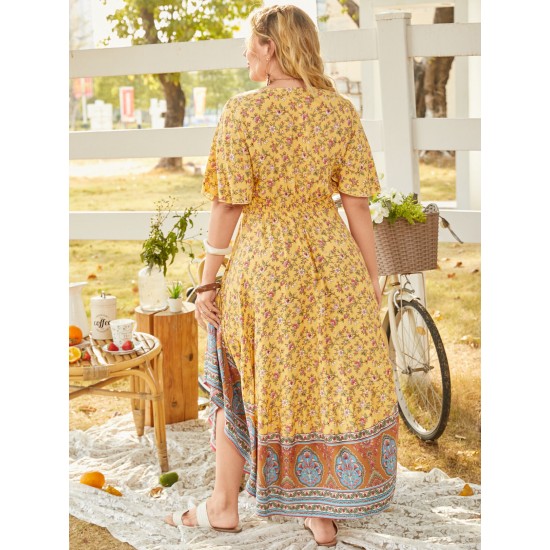 Plus Size V neck Tribal Button Design Short Sleeves Maxi Dress Plus Size V neck Tribal Button Design Short Sleeves Maxi Dress