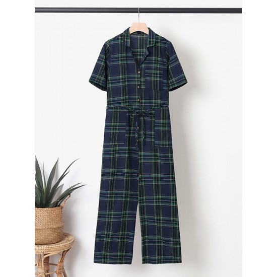 Plaid Print Button Pocket Short Sleeve Wide Leg Jumpsuit Plaid Print Button Pocket Short Sleeve Wide Leg Jumpsuit