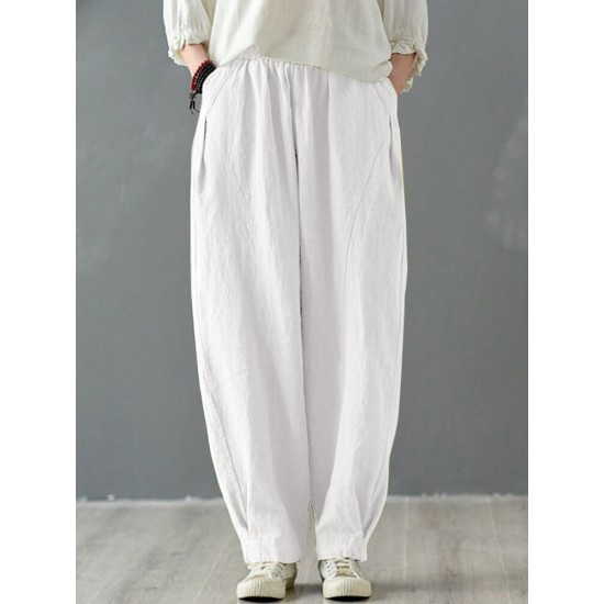 Solid Cotton Pocket Elastic Waist Casual Loose Pants Solid Cotton Pocket Elastic Waist Casual Loose Pants