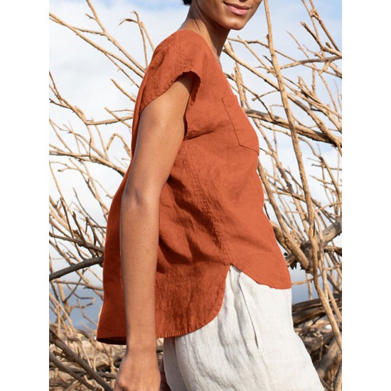 Solid Pocket Slit V neck Short Sleeve Casual Blouse Solid Pocket Slit V neck Short Sleeve Casual Blouse