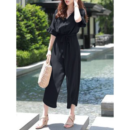 Solid Belt Pocket Button Ruffle Sleeve V neck Jumpsuit Solid Belt Pocket Button Ruffle Sleeve V neck Jumpsuit