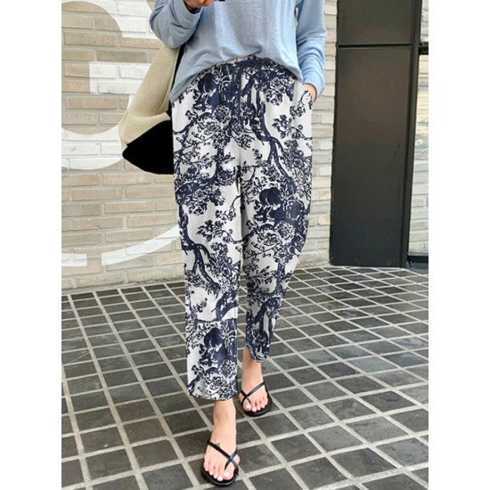 Women 100 Cotton Plants And Flowers Printing Maxi Length Pants Women 100 Cotton Plants And Flowers Printing Maxi Length Pants