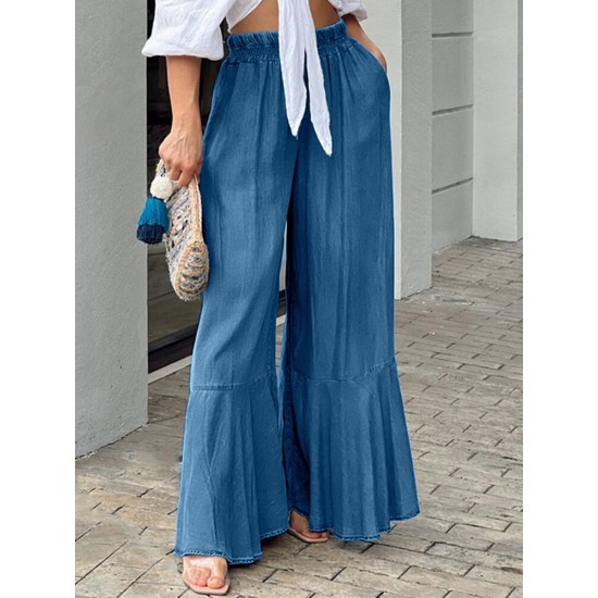 Leisure Solid Ruffle Wide Leg Pocket Pants Leisure Solid Ruffle Wide Leg Pocket Pants