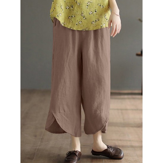 Solid Asymmetrical Hem Pocket Wide Leg Crop Pants Solid Asymmetrical Hem Pocket Wide Leg Crop Pants