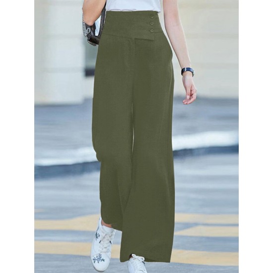 Solid Pocket Button Wide Leg High Waist Casual Pants Solid Pocket Button Wide Leg High Waist Casual Pants