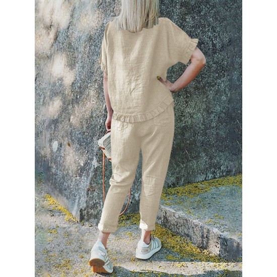 Solid Ruffle Pocket Half Sleeve Round Neck Suit Solid Ruffle Pocket Half Sleeve Round Neck Suit
