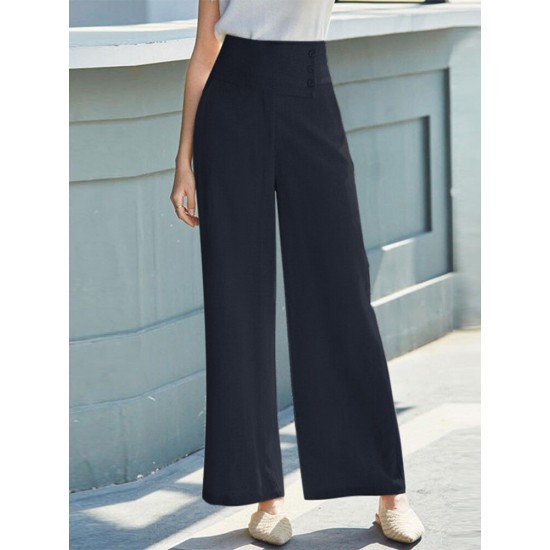 Solid Pocket Button Wide Leg High Waist Casual Pants Solid Pocket Button Wide Leg High Waist Casual Pants