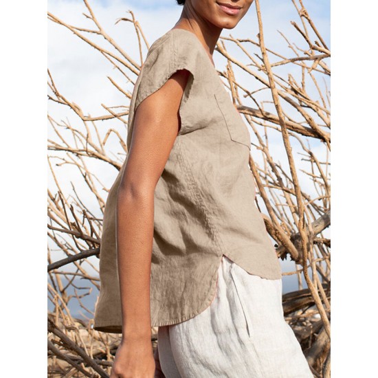 Solid Pocket Slit V neck Short Sleeve Casual Blouse Solid Pocket Slit V neck Short Sleeve Casual Blouse