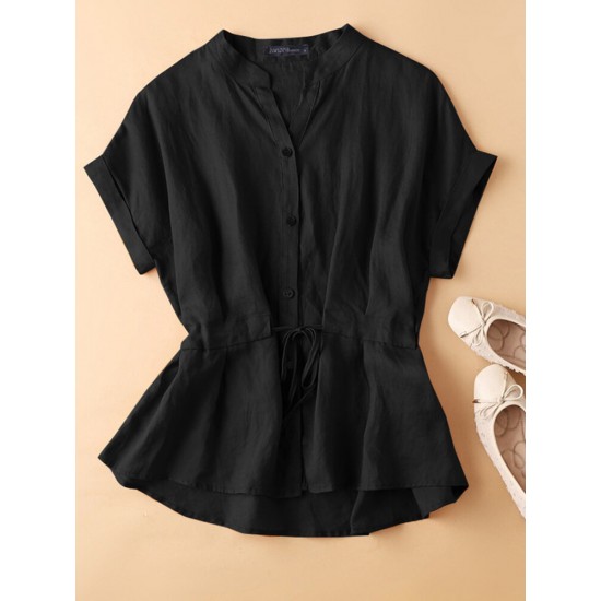 Solid Button Drawstring V Neck Roll Sleeve Casual Cotton Blouse Solid Button Drawstring V Neck Roll Sleeve Casual Cotton Blouse