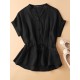 Solid Button Drawstring V Neck Roll Sleeve Casual Cotton Blouse Solid Button Drawstring V Neck Roll Sleeve Casual Cotton Blouse