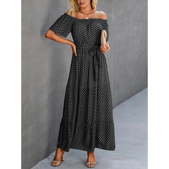 Dot Print Off Shoulder Short Sleeve Dress With Belt Dot Print Off Shoulder Short Sleeve Dress With Belt