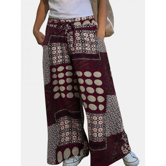 Printed Patchwork Wide Legged Side Pockets Elastic Pants For Women Printed Patchwork Wide Legged Side Pockets Elastic Pants For Women