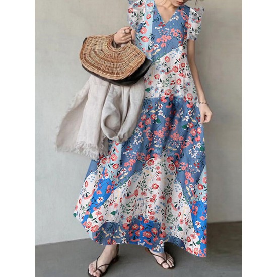 Leisure Calico Ruffle V Neck Maxi Dress Leisure Calico Ruffle V Neck Maxi Dress